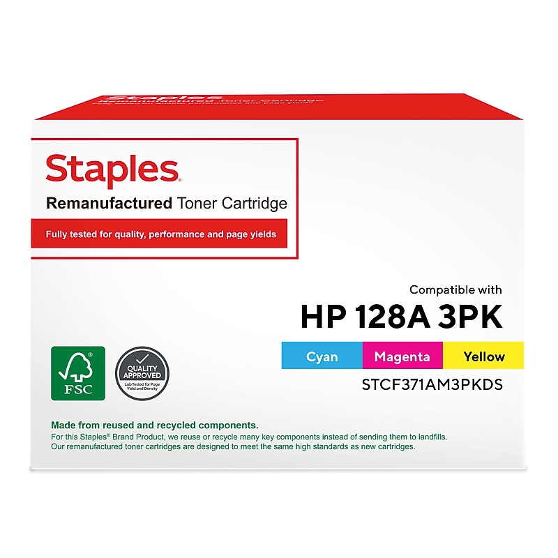 Staples Remanufactured Cyan/Magenta/Yellow Standard Yield Toner Cartridge Replacement for HP 128A (STCF371AM3PKDS), 3/Pack image 1