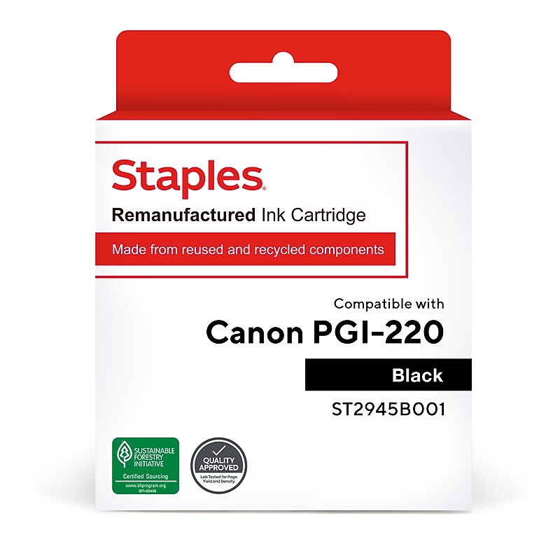 Staples Remanufactured Black Standard Yield Ink Cartridge Replacement for Canon PGI-220BK (TR2945B001/ST2945B001) image 1