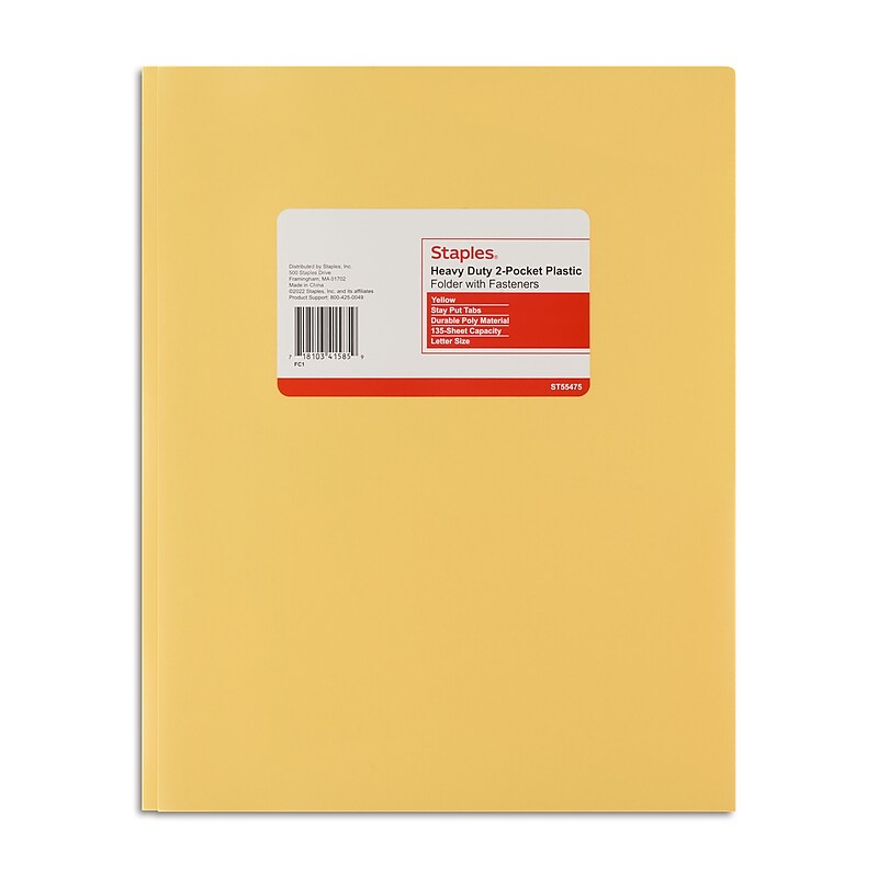 Staples Matte 2-Pocket Plastic Portfolio Folder with Fasteners, Yellow (55475) image 1