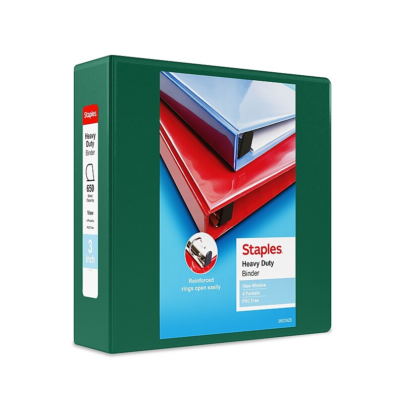 Staples Heavy Duty 3" 3-Ring View Binder, D-Ring, Green (ST56312-CC) image 1