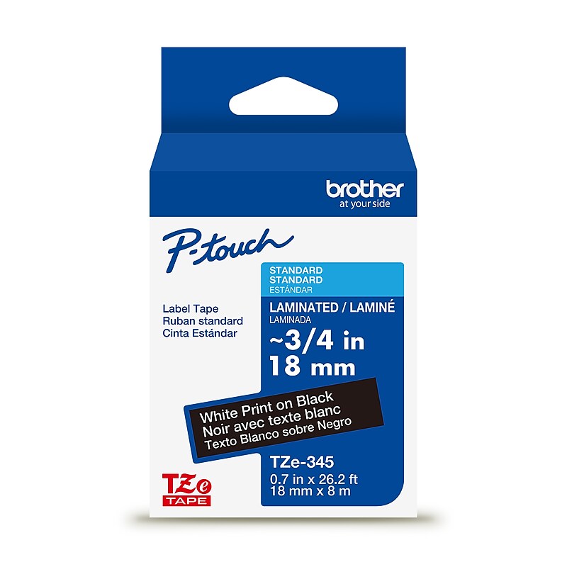 Brother P-touch Laminated Label Tape, ~3/4" x 26.2', White on Black (TZe345) image 1