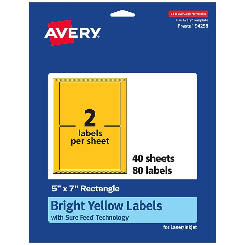 Avery Laser/Inkjet Rectangle Multipurpose Labels, 5" x 7", Bright Yellow, 80/Pack (94258) image 1