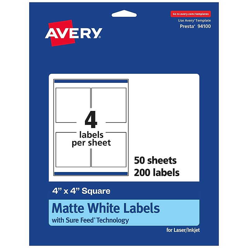 Avery Laser/Inkjet Multipurpose Labels, 4" x 4", White, 200 Labels/Box (94100) image 1