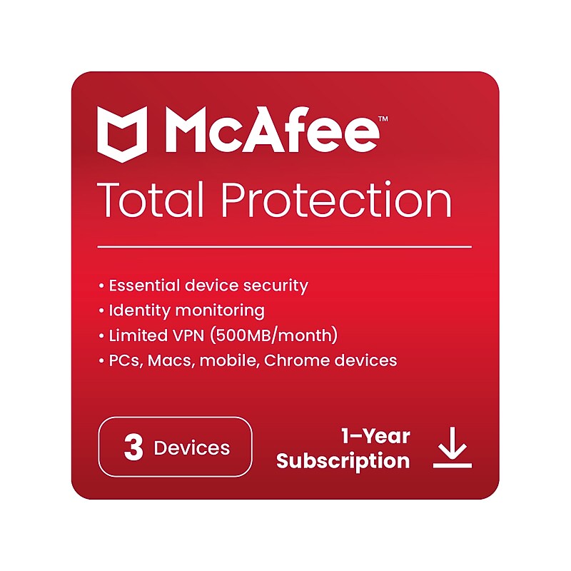 McAfee Total Protection for 3 Devices, Windows/Mac/Android/iOS/ChromeoS, Download (MTP21EST3RAAD) image 1