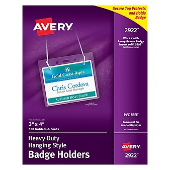 Avery Heavy Duty Hanging-Style Lanyard ID Badge Holder, Clear, 100/Box (2922)