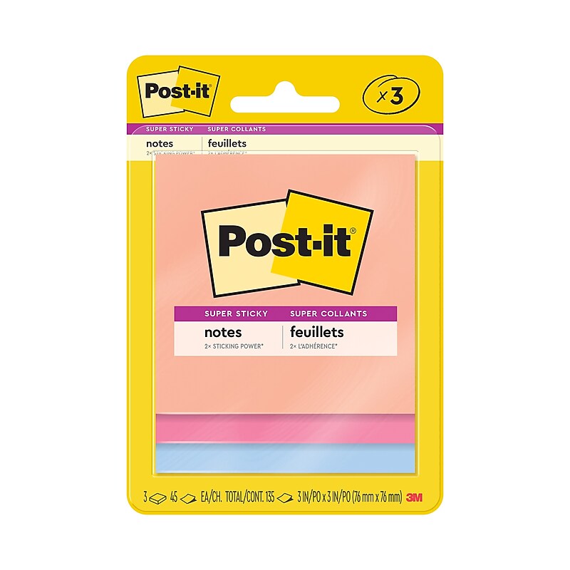 Post-it Super Sticky Notes, 3" x 3", Summer Joy Collection, 45 Sheets/Pad, 3 Pads/Pack (3321-SSJOY) image 1