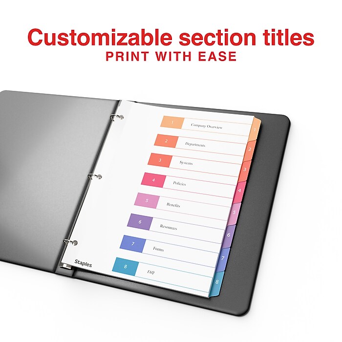 Staples Customizable Table of Contents Numeric Dividers, 8-Tabs, 6