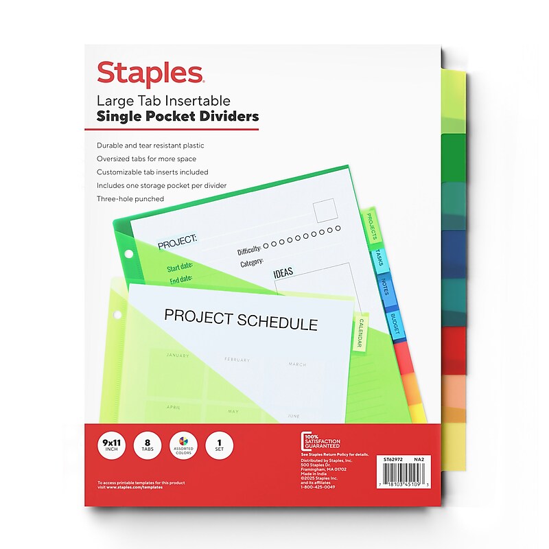 Staples Large Tab Plastic Insertable Pocket Dividers, 8-Tabs, Multicolor (ST62972) image 1