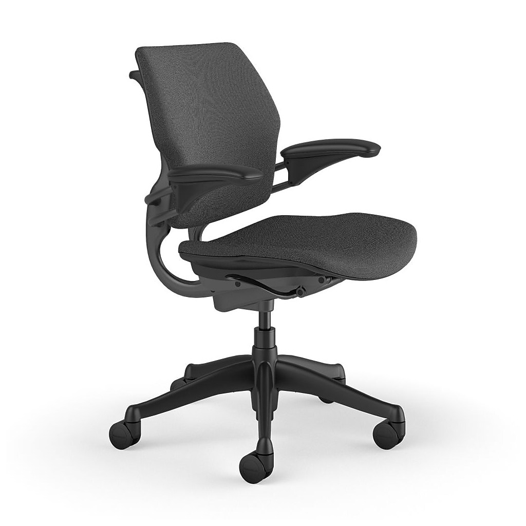 Side angle view of the gray fabric task chair showing backrest and seat with armrests