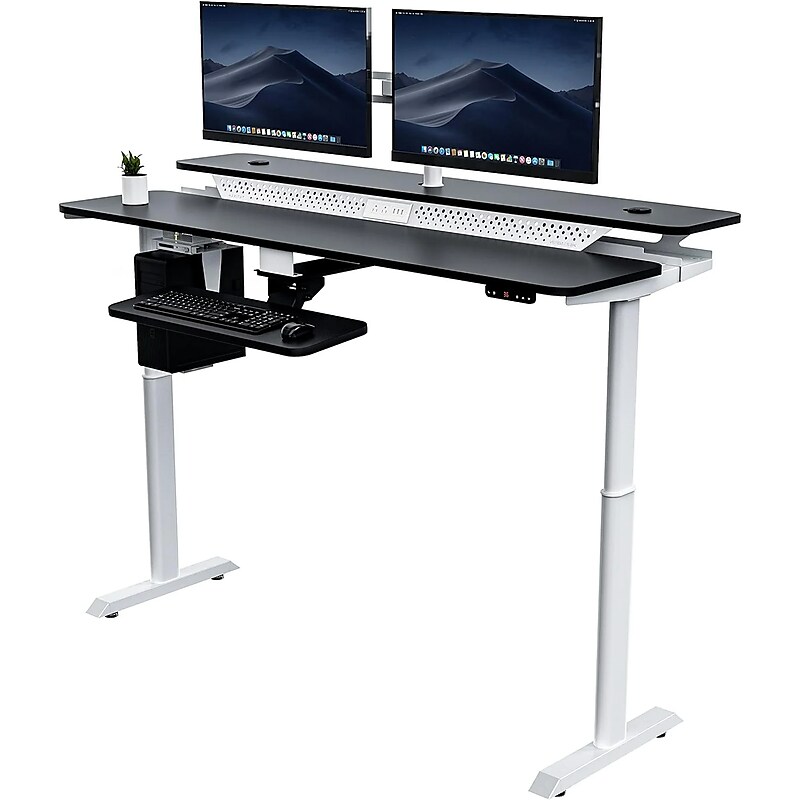 VersaDesk PowerLift Split-Level 72"W Electric Rectangular Adjustable Standing Desk, Black/White (PL2SD7230-WB) image 1