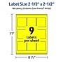 Avery Laser/Inkjet Square Multipurpose Labels, 2.5" x 2.5", Neon Yellow, 180/Pack (94104)~#|#~9179B1E4-98F8-45E1-A577B37171BC8590_sc7