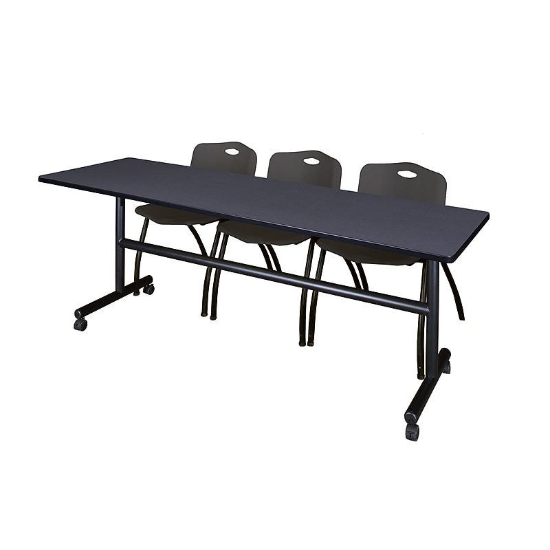Regency Kobe 84" Flip Top Mobile Training Table- Grey & 3 'M' Stack Chairs- Black image 1