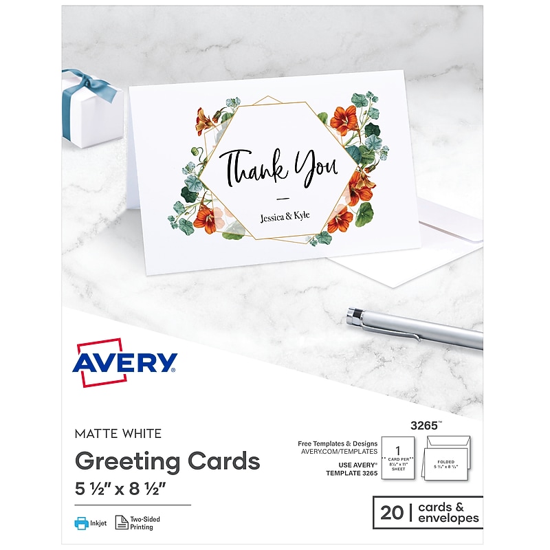 Avery Half-Fold Greeting Cards with Envelopes, 5.5" x 8.5", Matte White, Inkjet, 20/Pack (03265) image 1