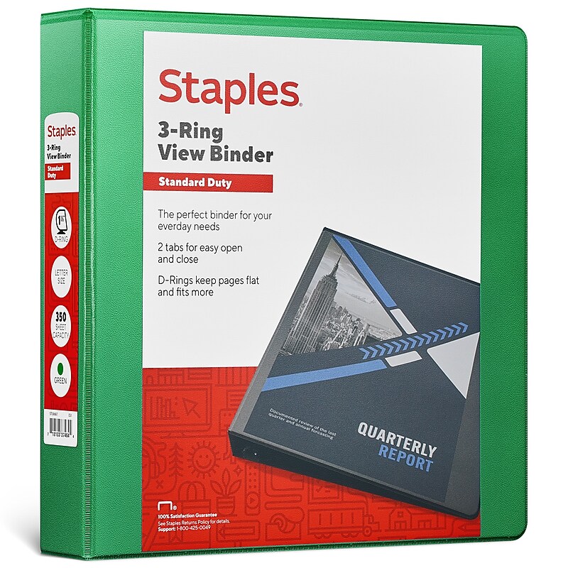 Staples 1 1/2" 3-Ring View Binders, D-Ring, Green (58687) image 1