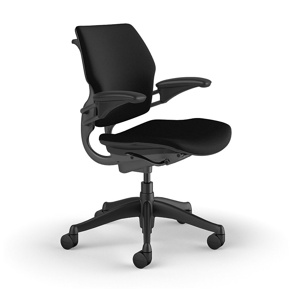 Front-right side angle of black fabric task chair on caster base