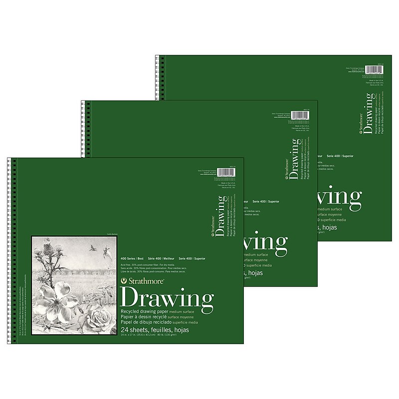 Strathmore 400 Series 14" x 17" Wire Bound Drawing Sketch Pad, 24 Sheets/Pad, 3/Bundle (STTP4431403-3) image 1