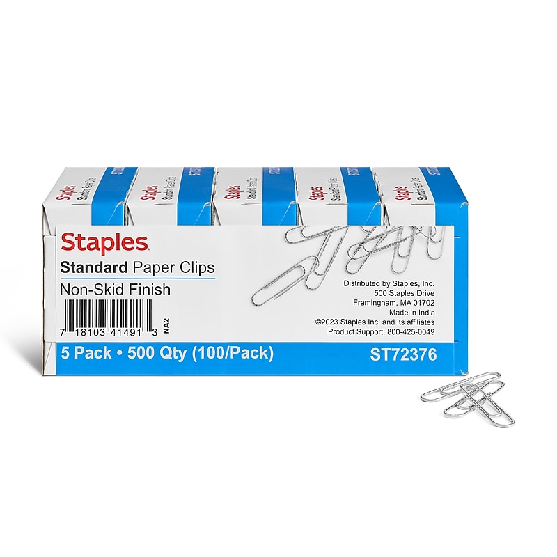 Staples Paper Clips, Silver, 100/Pack, 5 Packs image 1