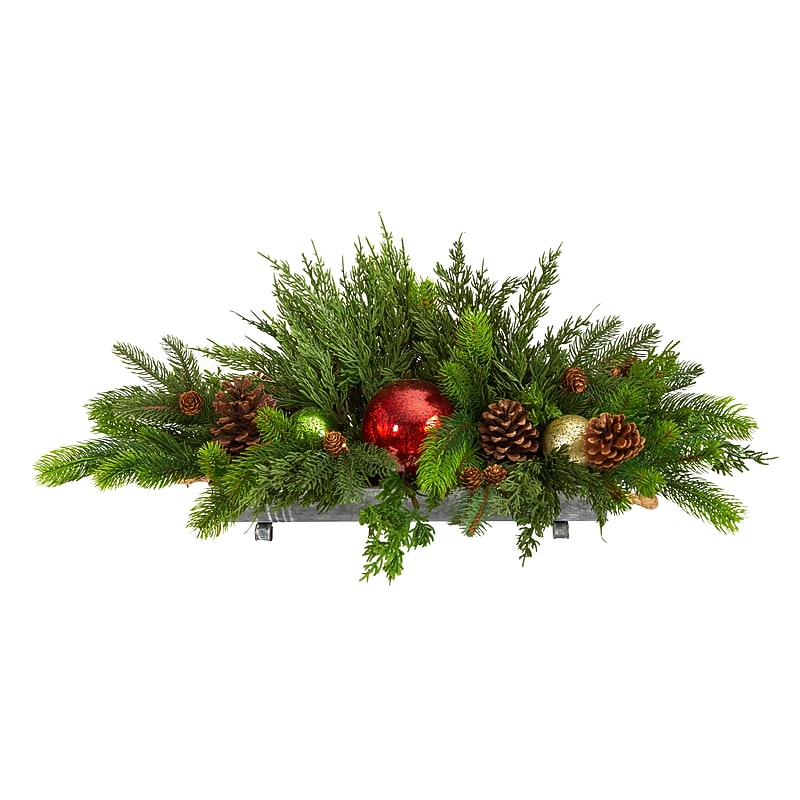 Nearly Natural Artificial Cedar Pine, Pinecones and Ornaments Christmas Arrangement in Tin Vase, 24" (A1868) image 1