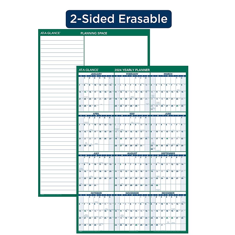 2024 AT-A-GLANCE 32" x 48" Yearly Wet-Erase Wall Calendar, Reversible, Green (PM310-28-24) image 1