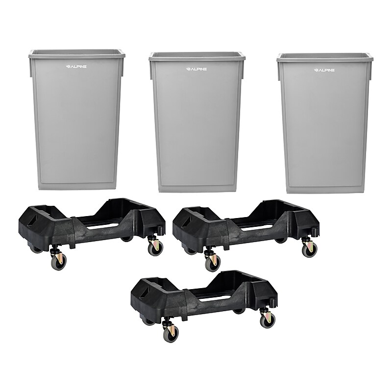 Alpine Industries Polypropylene Commercial Indoor Trash Can with Dolly, 23-Gallon, Gray, 3/Pack (ALP477-GRY-3PKD) image 1