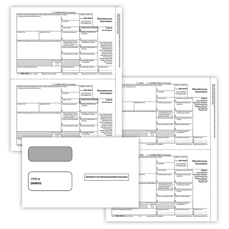 ComplyRight 2025 1099-MISC Tax Form Envelopes and Recipient Copy Only, 3-Part, 2-Up, Copy B, C/2, 50/Pack (6113E) image 1