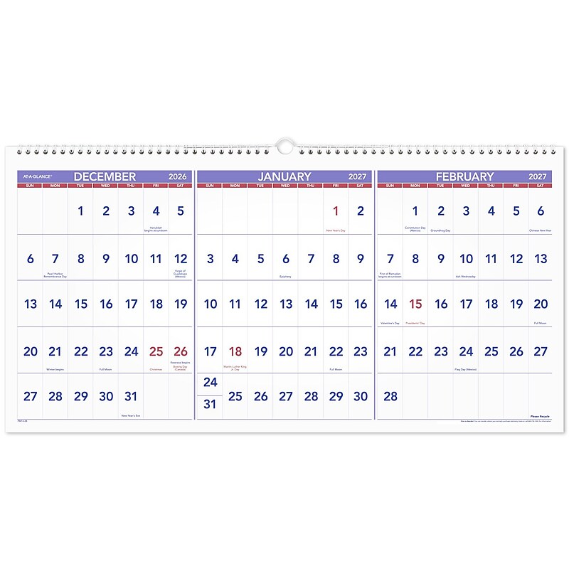 2025 -2027 AT-A-GLANCE 27" x 12" Three-Month Wall Calendar, White/Purple (PM14-28-26) image 1