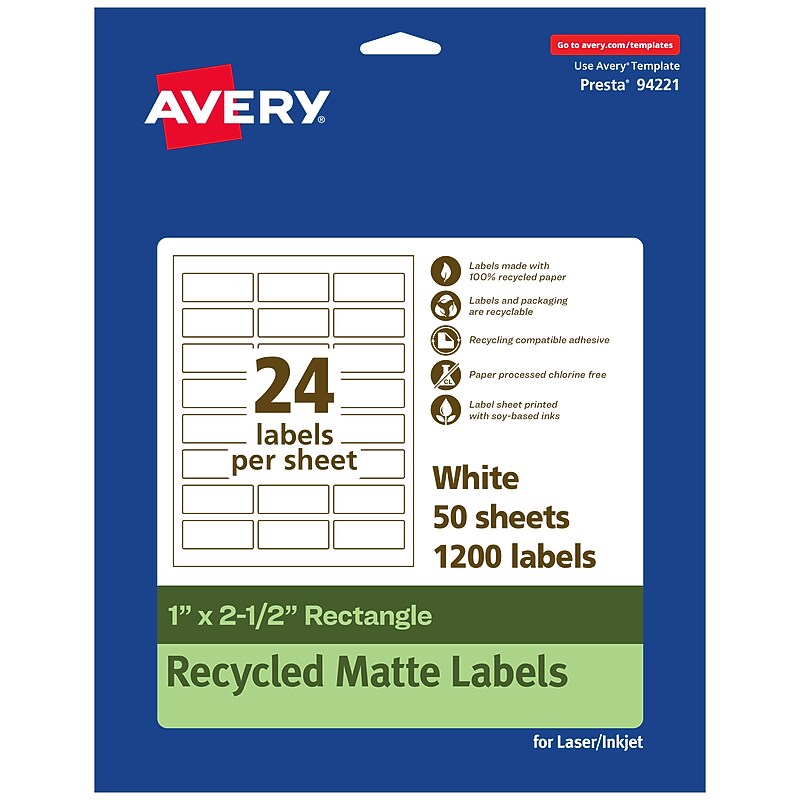 Avery EcoFriendly Rectangle Multipurpose Labels, 1" x 2-1/2", White, 1200/Box (94221) image 1