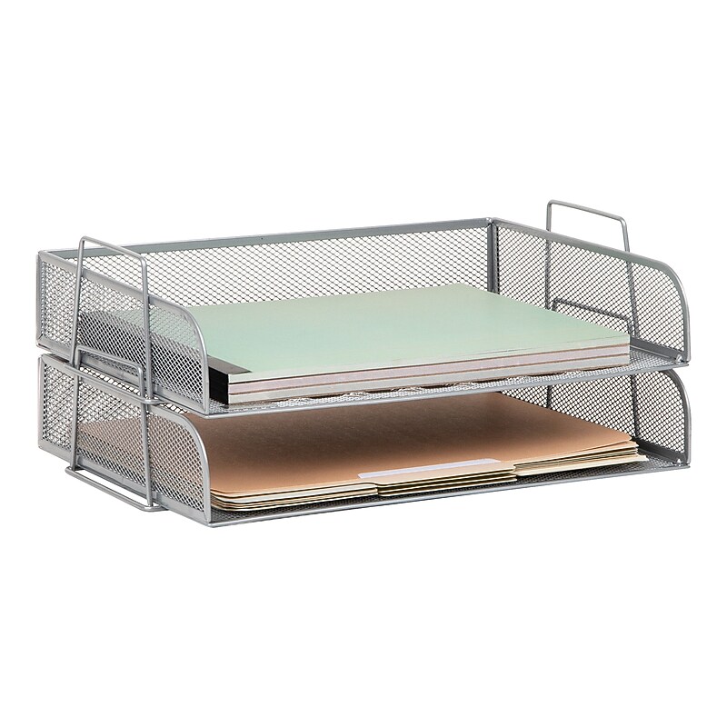Mind Reader Metal Side Loading Stackable Letter Tray, Letter Size, Silver, 2/Pack (DSTACK2-SIL) image 1