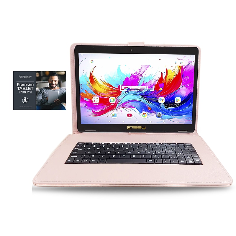 LINSAY F10 Series 10.1" Tablet, Wi-Fi, Octa Core, 256GB eMMC, Android 15, Pink Keyboard Case (F10XIPSPINKSPLUS) image 1