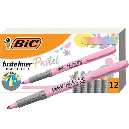 BIC Brite Liner Grip Highlighters Chisel Tip, Assorted Colors, 12/Pack