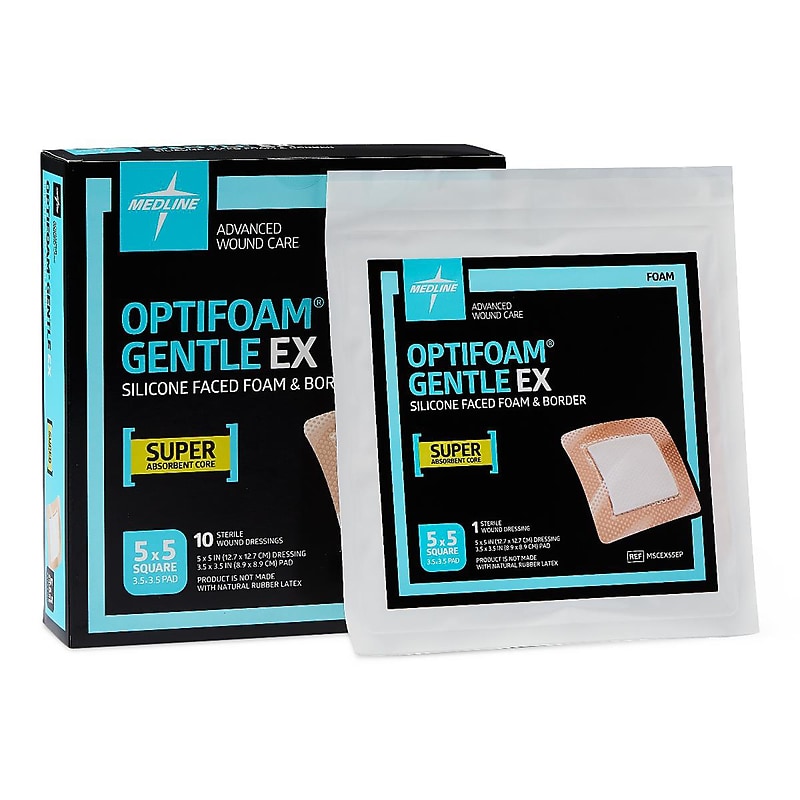 Medline Optifoam Gentle EX Sterile Adhesive Foam Dressings, 5" x 5", 100/Carton (MSCEX55EP) image 1