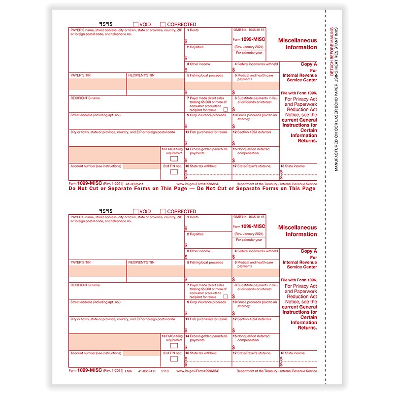 ComplyRight 2024 1099-MISC Tax Form, 1-Part, 2-Up, Federal Copy A, 25/Pack (511025) image 1