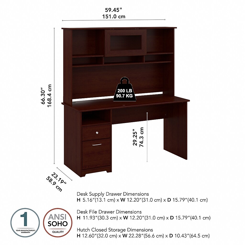 Dimension diagram of desk and hutch with measurements