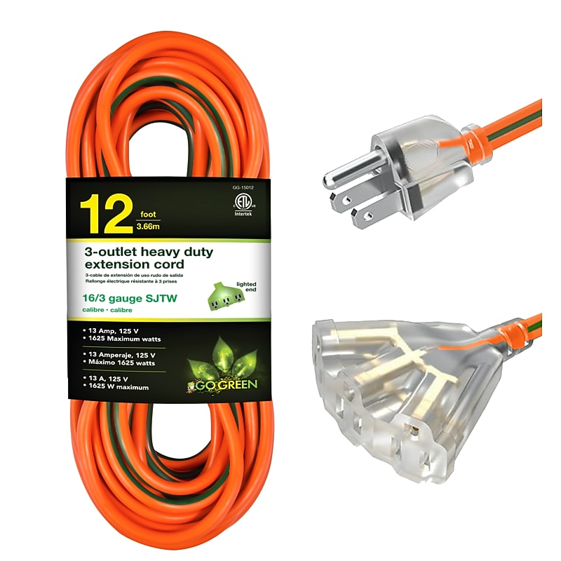 Power By GoGreen Heavy Duty Extension Cord Lighted End 12' Extension Cord, 3-Outlet, 16-Gauge, Orange (GG-15012) image 1