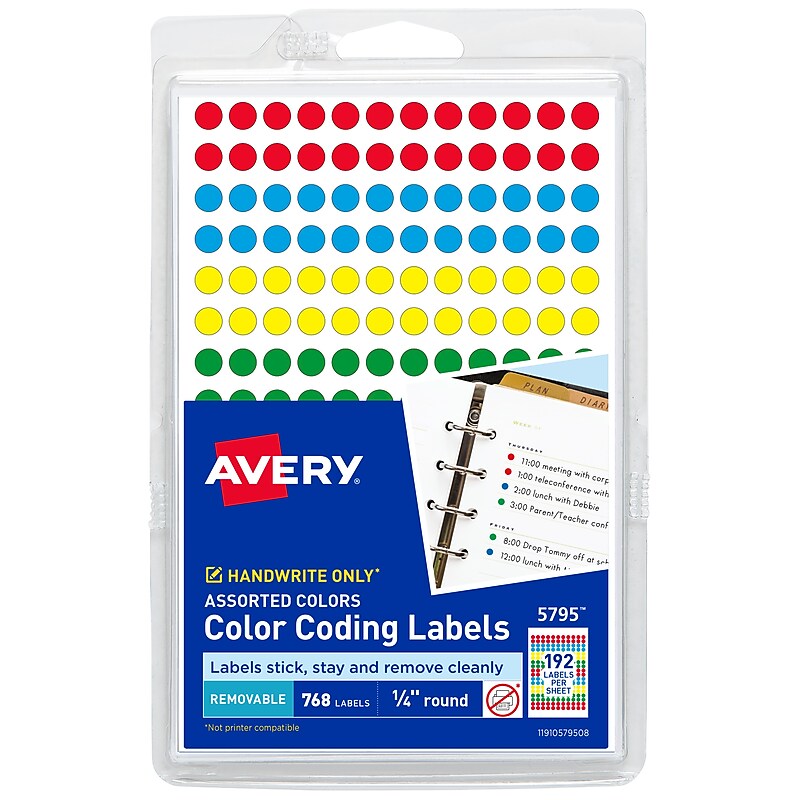 Avery Color-Coding Labels, 1/4 " Dia, Assorted Colors, Non-Printable, 768 Labels/Pack (5795) image 1