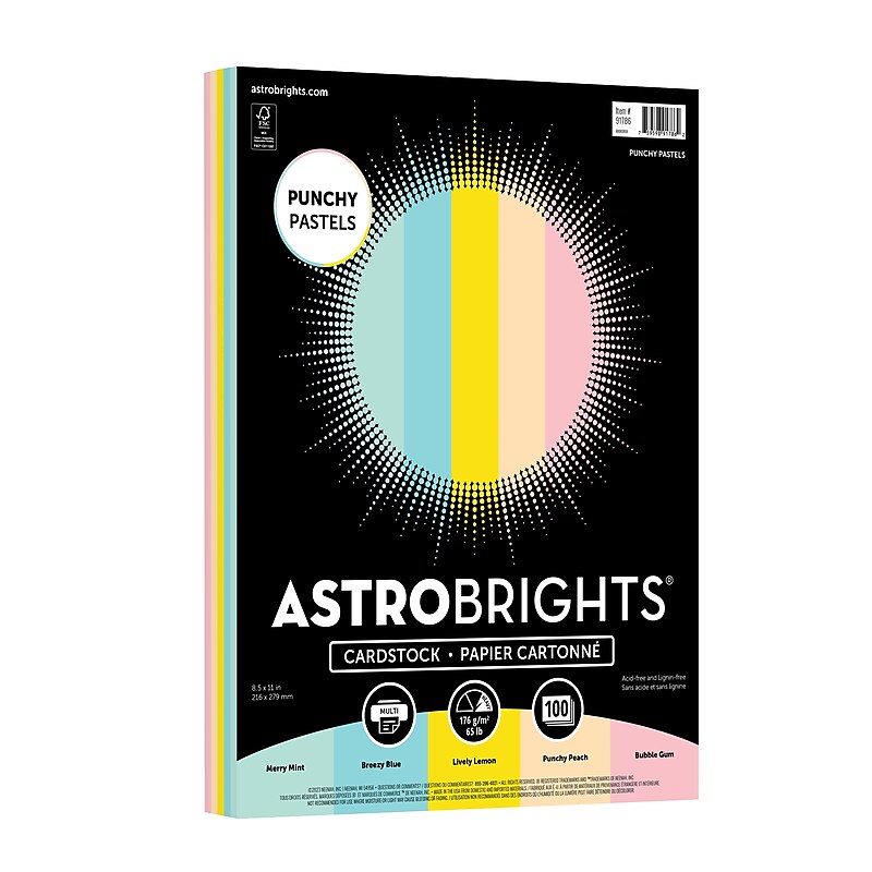 Astrobrights Punchy Pastels 65 lb. Cardstock Paper, 8.5" x 11", Punchy Pastel Assortment, 100 Sheets/Pack (91786) image 1