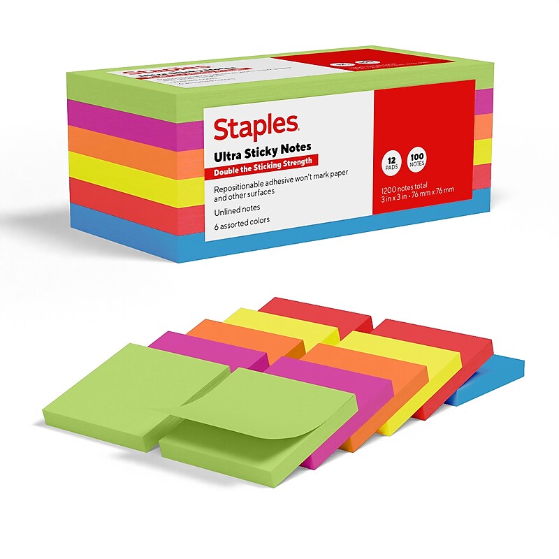 Staples Ultra Sticky Notes, 3" x 3", Summer Breeze Collection, 100 Sheets/Pad, 12 Pads/Pack (ST62881) image 1