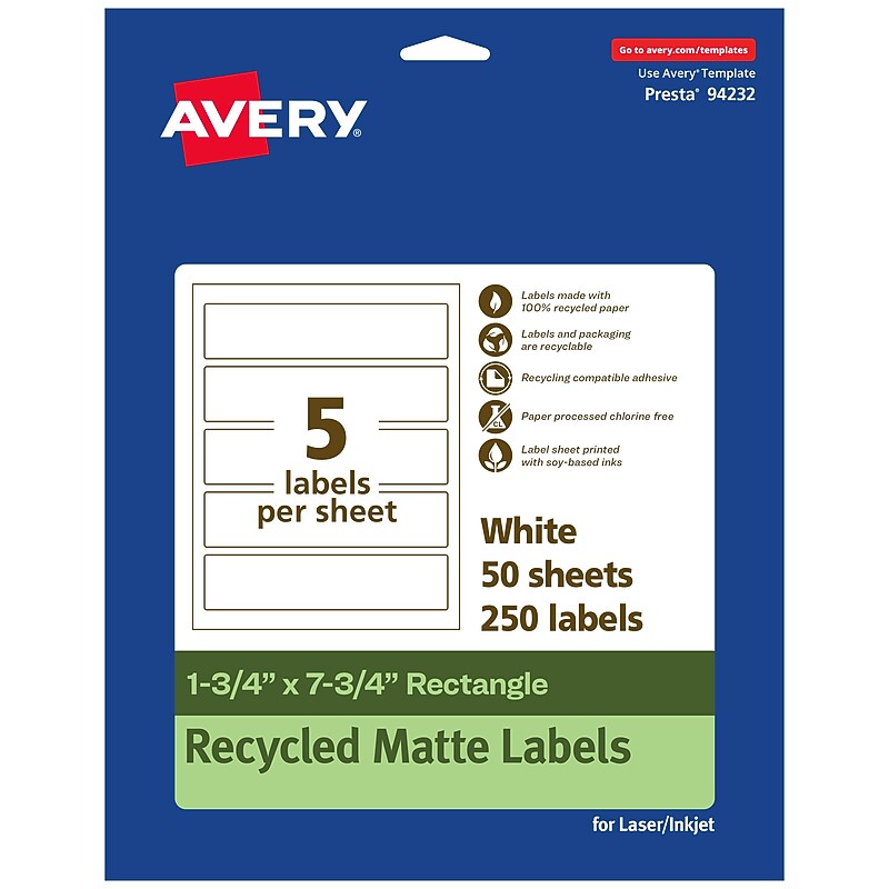 Avery EcoFriendly Laser/Inkjet Rectangle Multipurpose Labels, 1-3/4" x 7-3/4", White, 250/Box (94232) image 1
