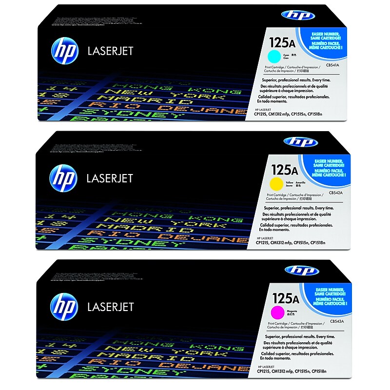HP 125A Cyan/Magenta/Yellow Standard Yield Toner Cartridge, 3/Pack (CB541A-VB) image 1