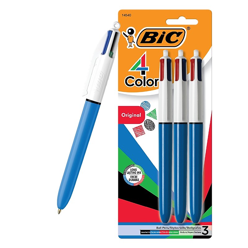 BIC 4-Color Retractable Ballpoint Pens, Medium Point, 1.4mm, Assorted Ink, 3/Pack (14540) image 1