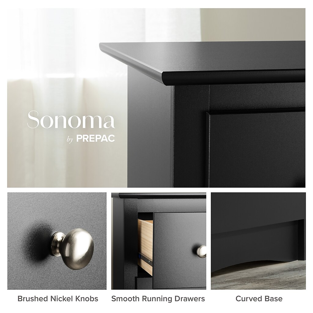 Close-up of hardware and finish features: brushed nickel knobs, smooth runners, curved base