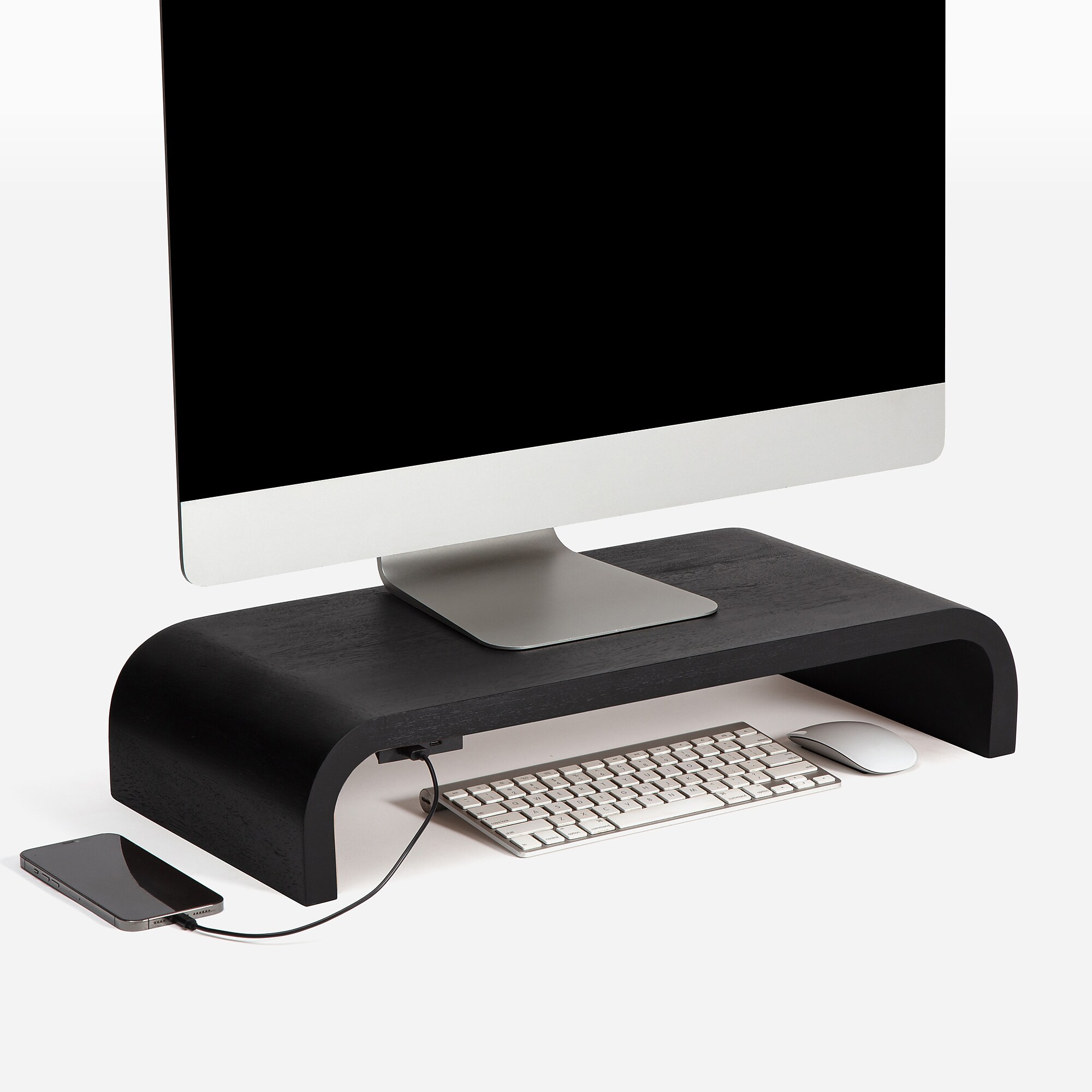 Anji Mountain Mango Wood Monitor Stand with Two USB Ports, Up to 32″ Monitor, Black (MS-CRV-BLK-P) Simolary simolary.com