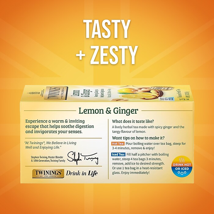 Twinings Lemon & Ginger Caffeine-Free Herbal Tea Bags, 1.32 oz