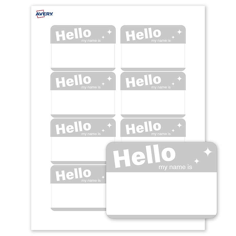 Avery Adhesive Name Tags, Pre-printed Silver Hello Design image 1