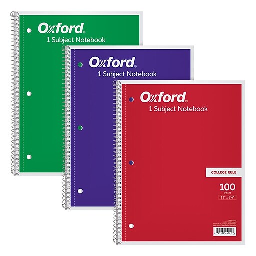 Oxford 1-Subject Notebooks, 8.5 x 11, College Ruled, 100 Sheets, Each  (65161)