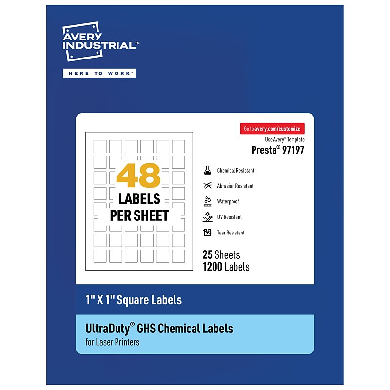 Avery LaserUltraDuty GHS Labels, 1" x 1", White, 1200 Labels/Pack (97197) image 1