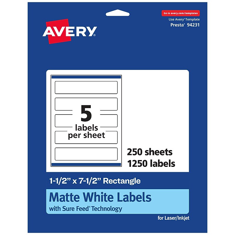 Avery Laser/Inkjet Rectangle Multipurpose Labels, 1.5" x 7.5", White, 1250 Labels/Box (94231) image 1
