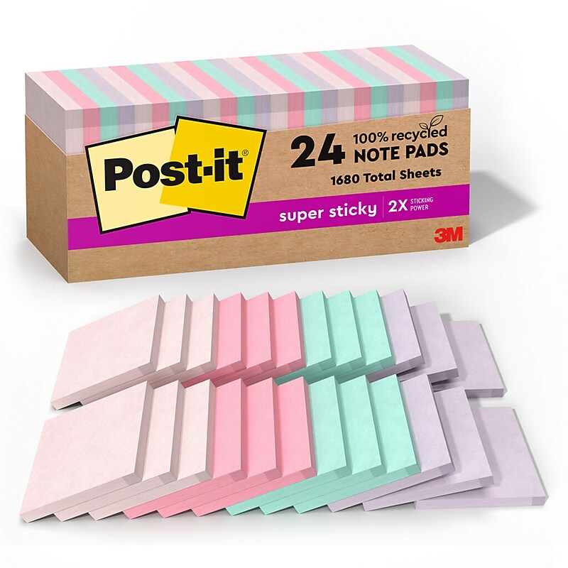 Post-it Recycled Super Sticky Notes - Wanderlust Pastels Collection, 3
