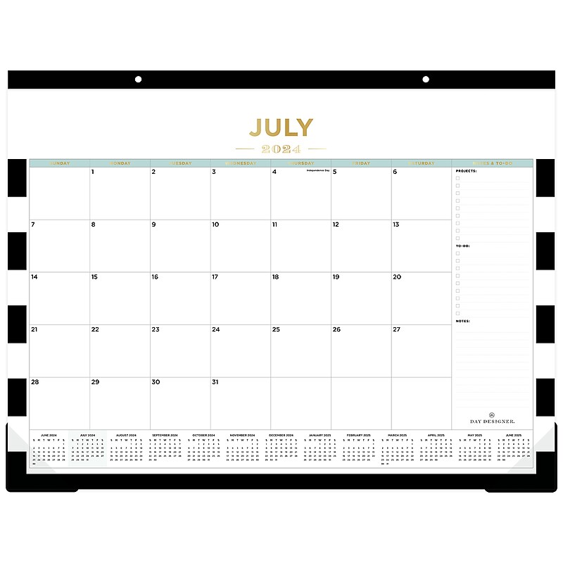 2024-2025 Blue Sky Day Designer Rugby Stripe Black 22" x 17" Academic Monthly Desk Pad Calendar, White/Black (138443-A25) image 1