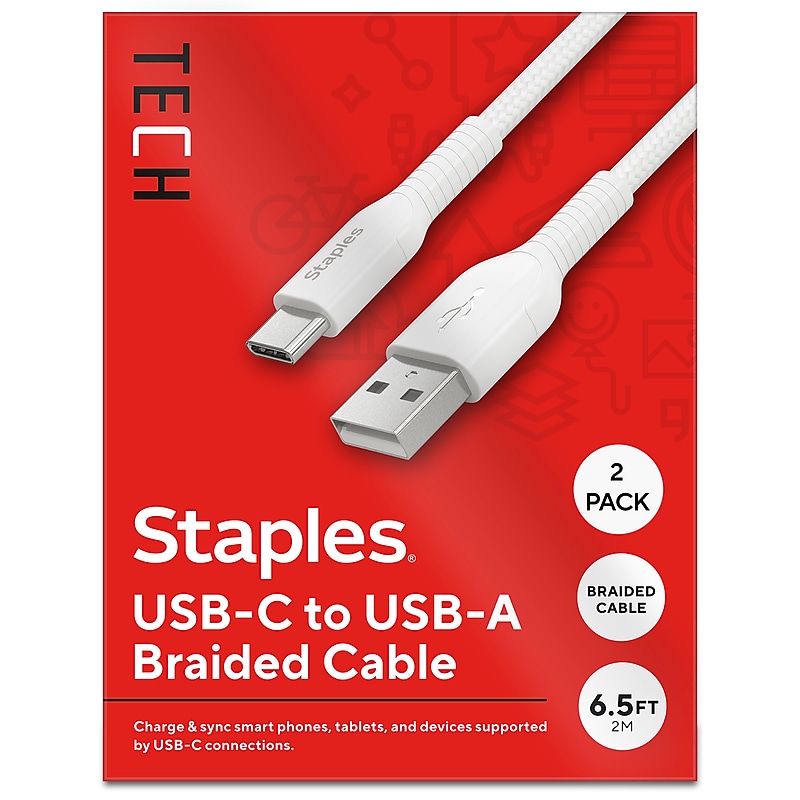 Staples TECH USB-C to USB-A Charging Cable, 6.5 ft., White, 2/Pack (ST62338-VB) image 1